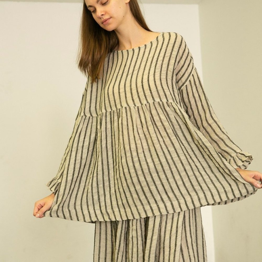 Ichi Antiquites Striped Pullover Linen Wool Top One Size